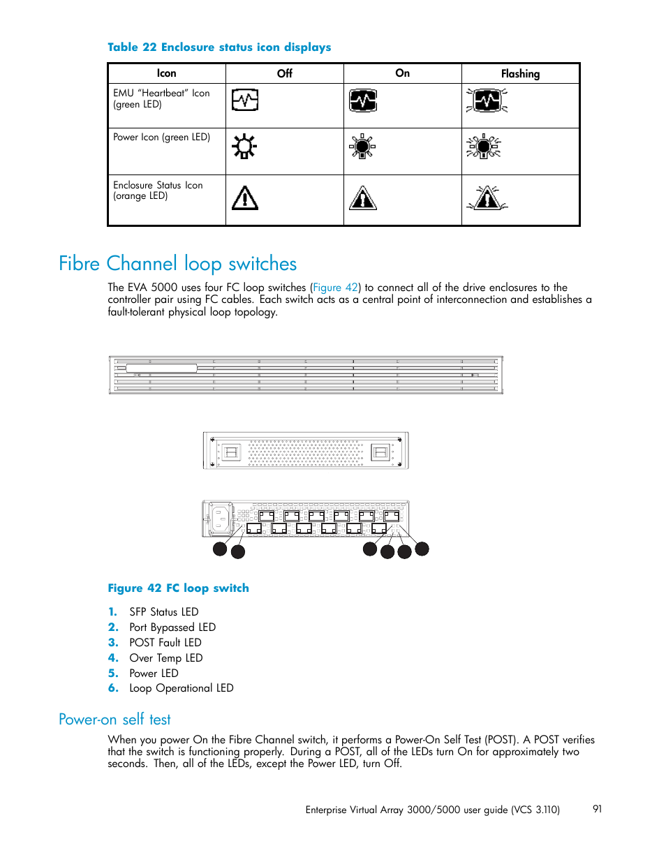 Fibre channel loop switches, Power-on self test, Fc loop switch | Enclosure status icon displays, Table 22 | HP 3000 Enterprise Virtual Array User Manual | Page 91 / 188