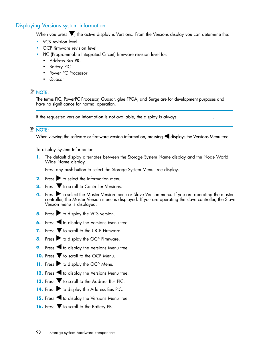 Displaying versions system information | HP 3000 Enterprise Virtual Array User Manual | Page 98 / 188