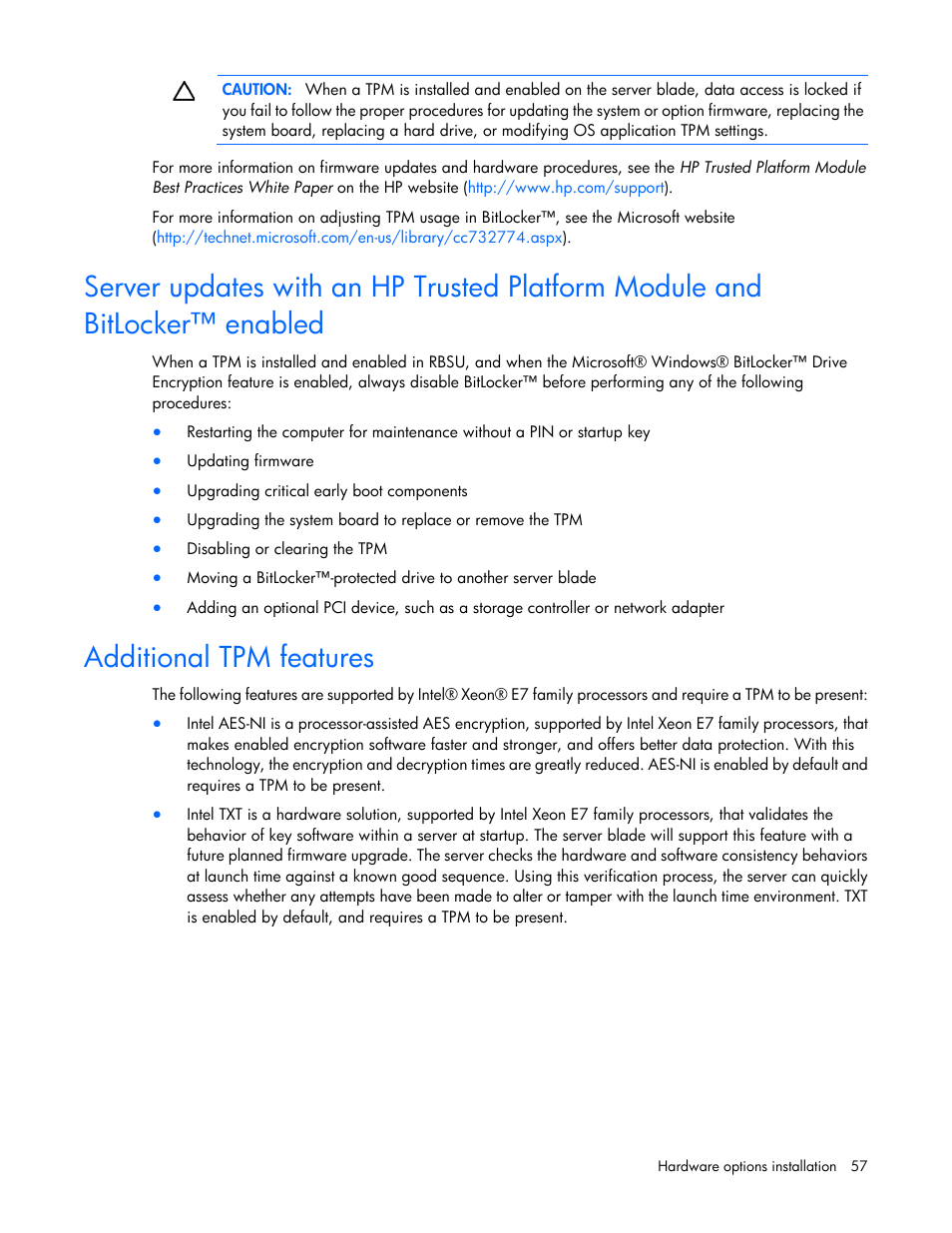 Additional tpm features | HP ProLiant BL620c G7 Server-Blade User Manual | Page 57 / 123