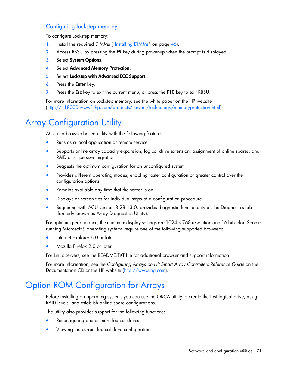 Configuring lockstep memory, Array configuration utility, Option rom configuration for arrays | HP ProLiant BL620c G7 Server-Blade User Manual | Page 71 / 123