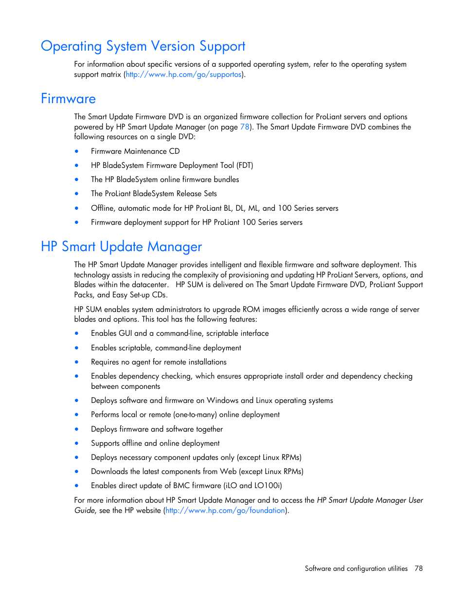 Operating system version support, Firmware, Hp smart update manager | HP ProLiant BL620c G7 Server-Blade User Manual | Page 78 / 123