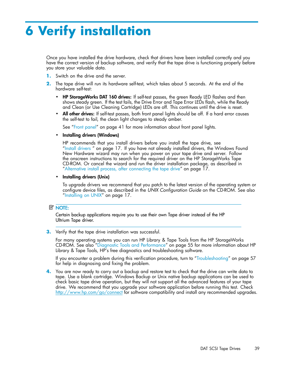 6 verify installation | HP StoreEver DAT Tape Drives User Manual | Page 39 / 69