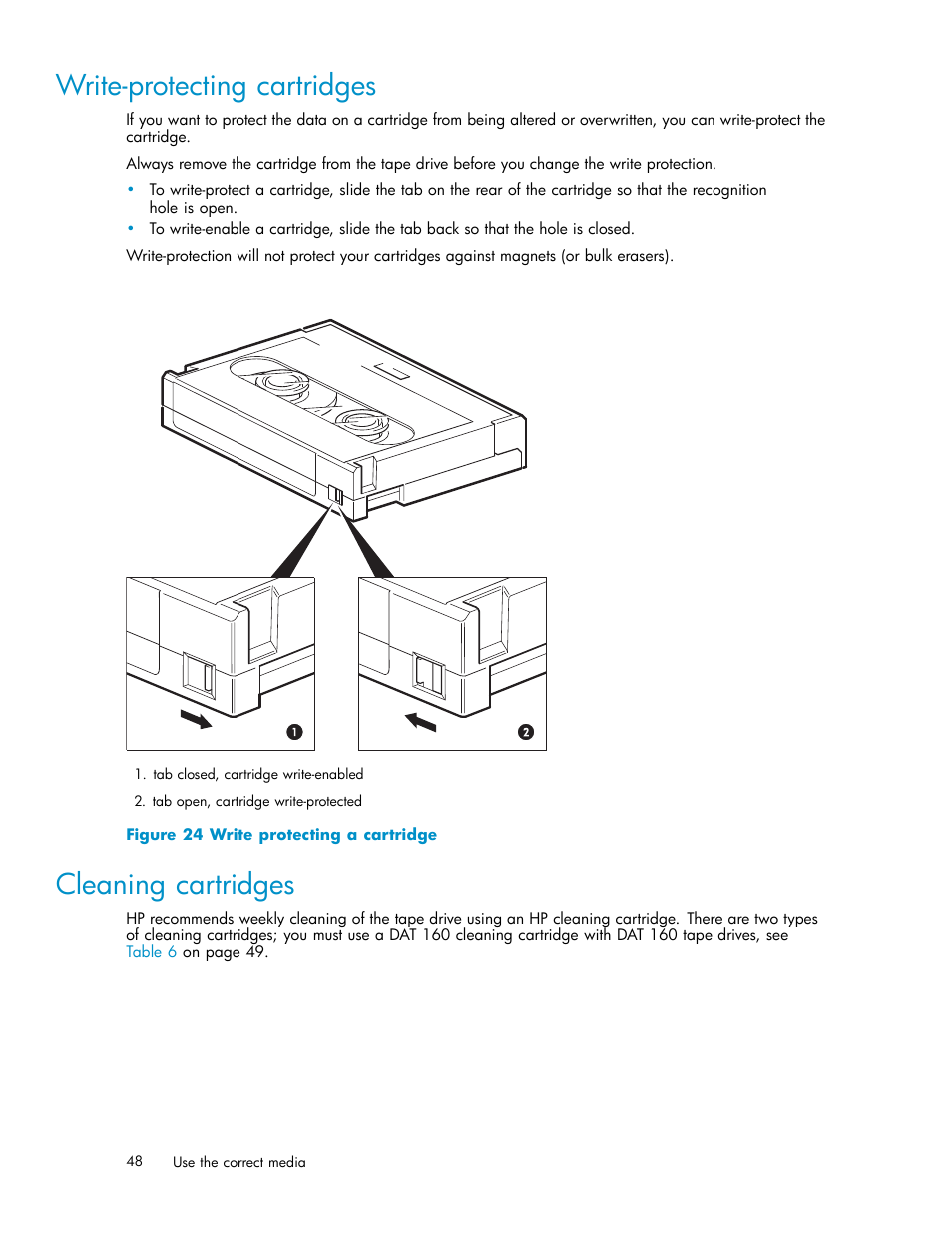 Write-protecting cartridges, Cleaning cartridges | HP StoreEver DAT Tape Drives User Manual | Page 48 / 69