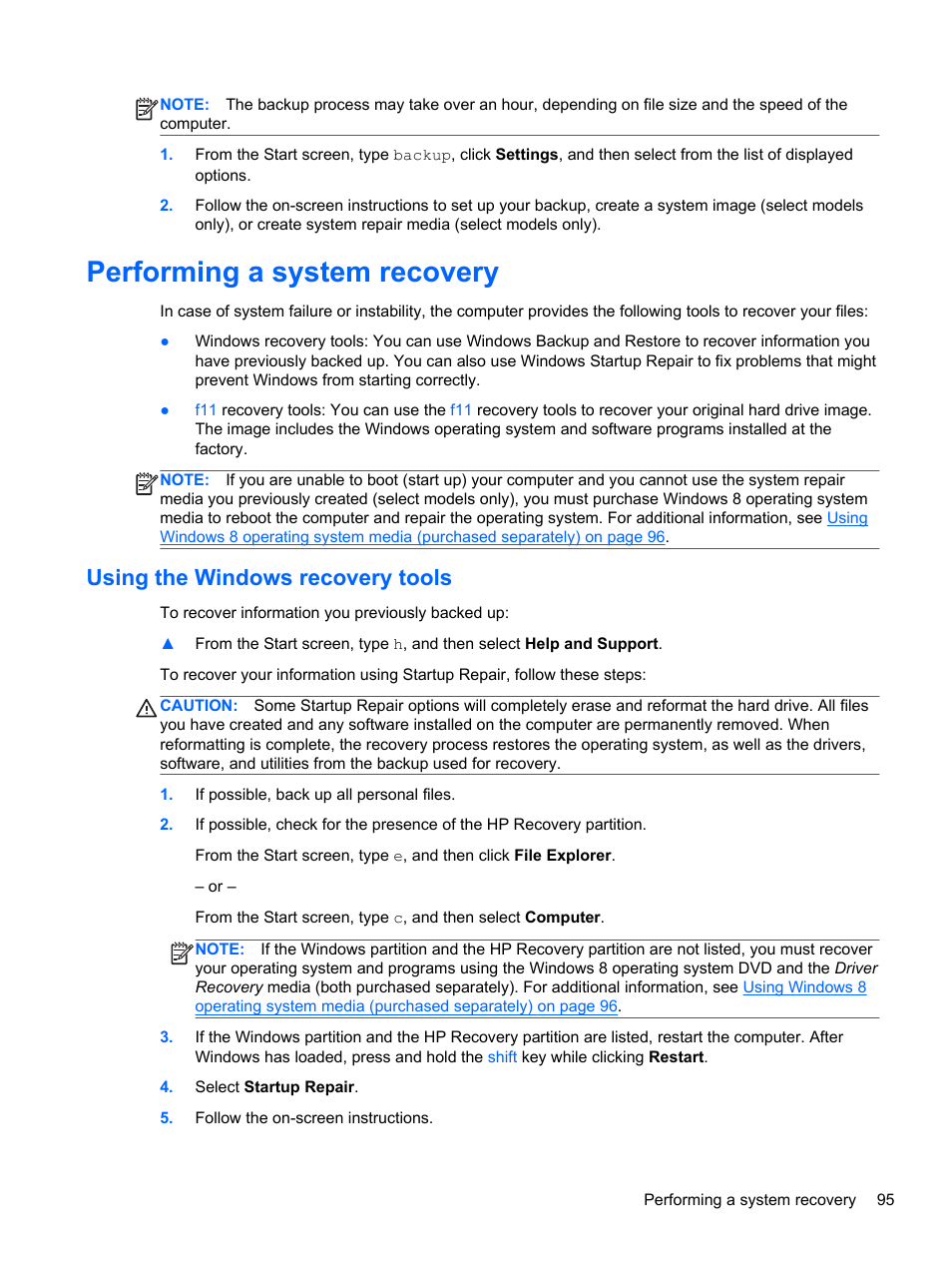 Performing a system recovery, Using the windows recovery tools | HP EliteBook 8770w Mobile Workstation User Manual | Page 107 / 128