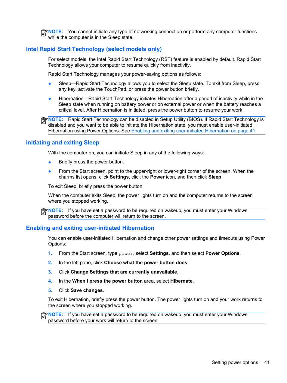 Intel rapid start technology (select models only), Initiating and exiting sleep, Enabling and exiting user-initiated hibernation | HP EliteBook 8770w Mobile Workstation User Manual | Page 53 / 128