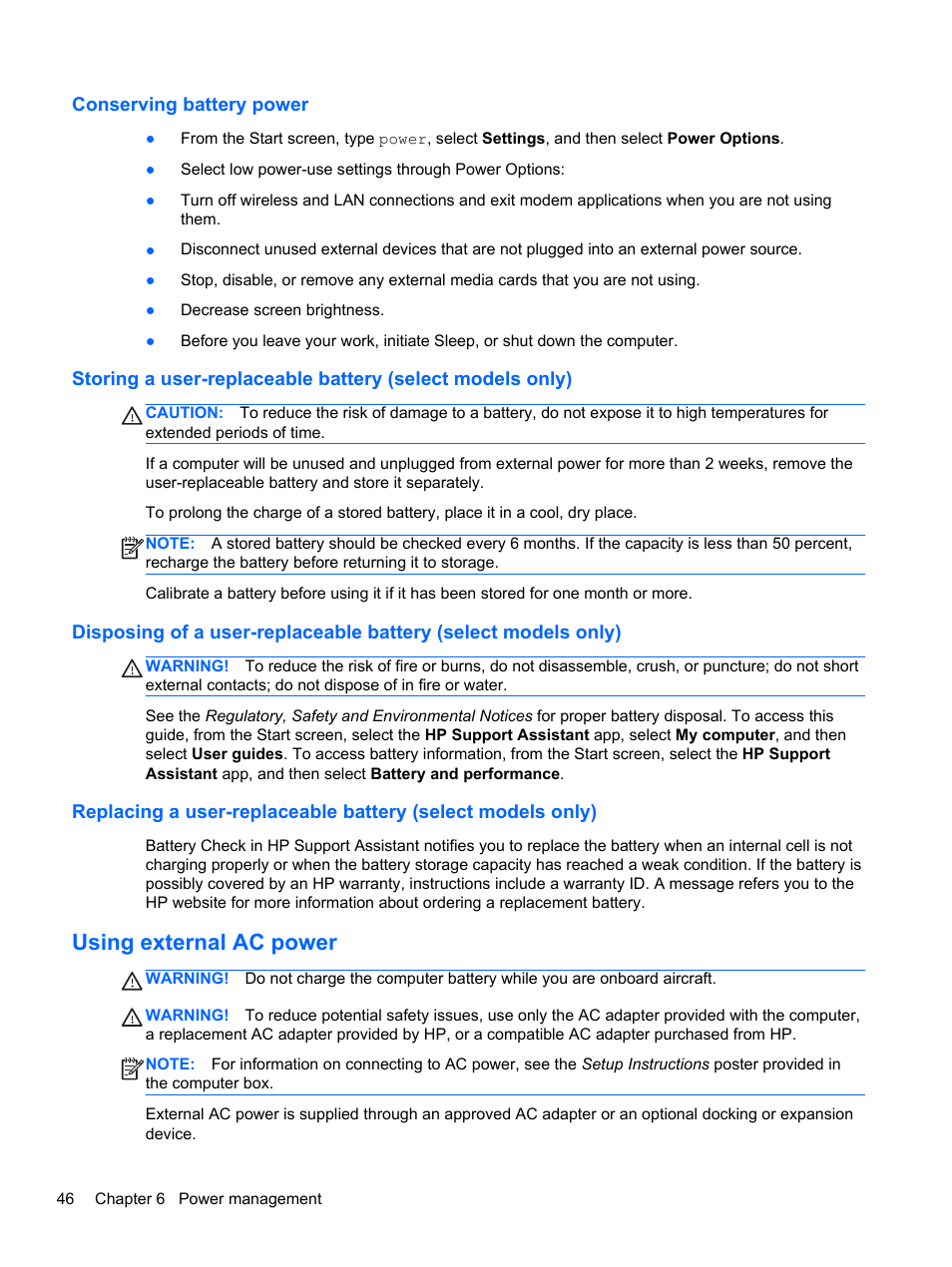 Conserving battery power, Using external ac power | HP EliteBook 8770w Mobile Workstation User Manual | Page 58 / 128
