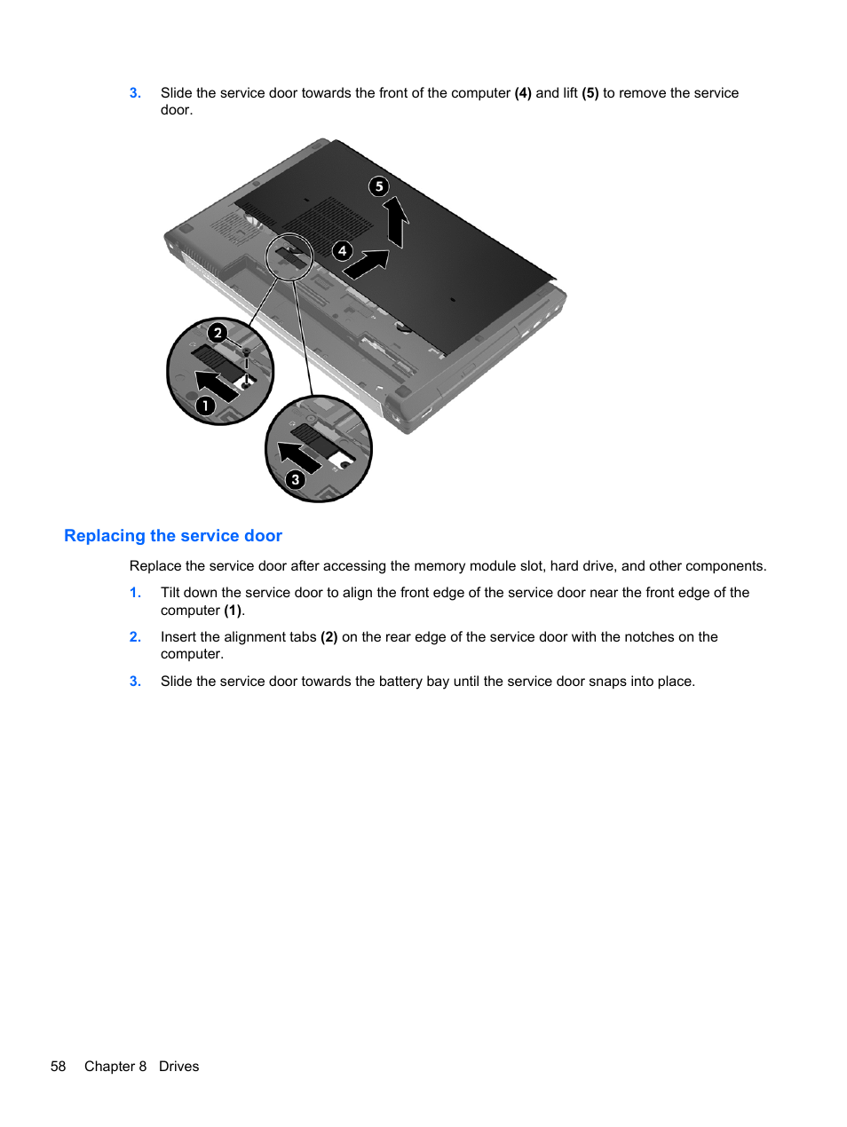 Replacing the service door | HP EliteBook 8770w Mobile Workstation User Manual | Page 70 / 128