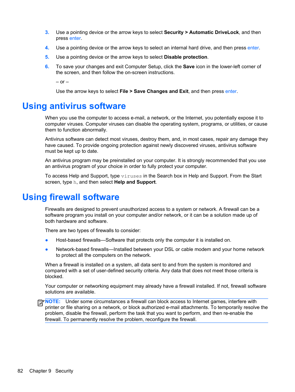 Using antivirus software, Using firewall software, Using antivirus software using firewall software | HP EliteBook 8770w Mobile Workstation User Manual | Page 94 / 128