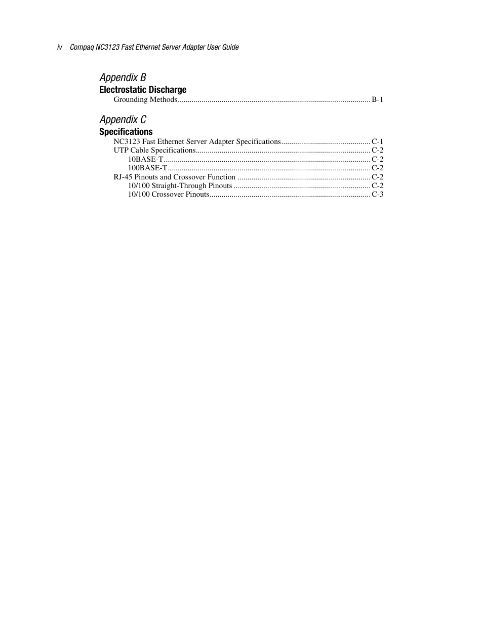 Appendix b, Appendix c | HP Compaq NC3123 Fast Ethernet NIC PCI Adapter User Manual | Page 4 / 22