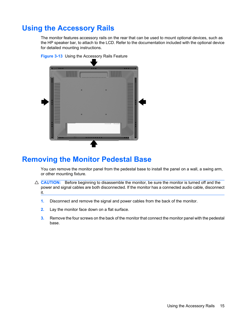 Using the accessory rails, Removing the monitor pedestal base | HP L1750 17-inch LCD Monitor User Manual | Page 21 / 49