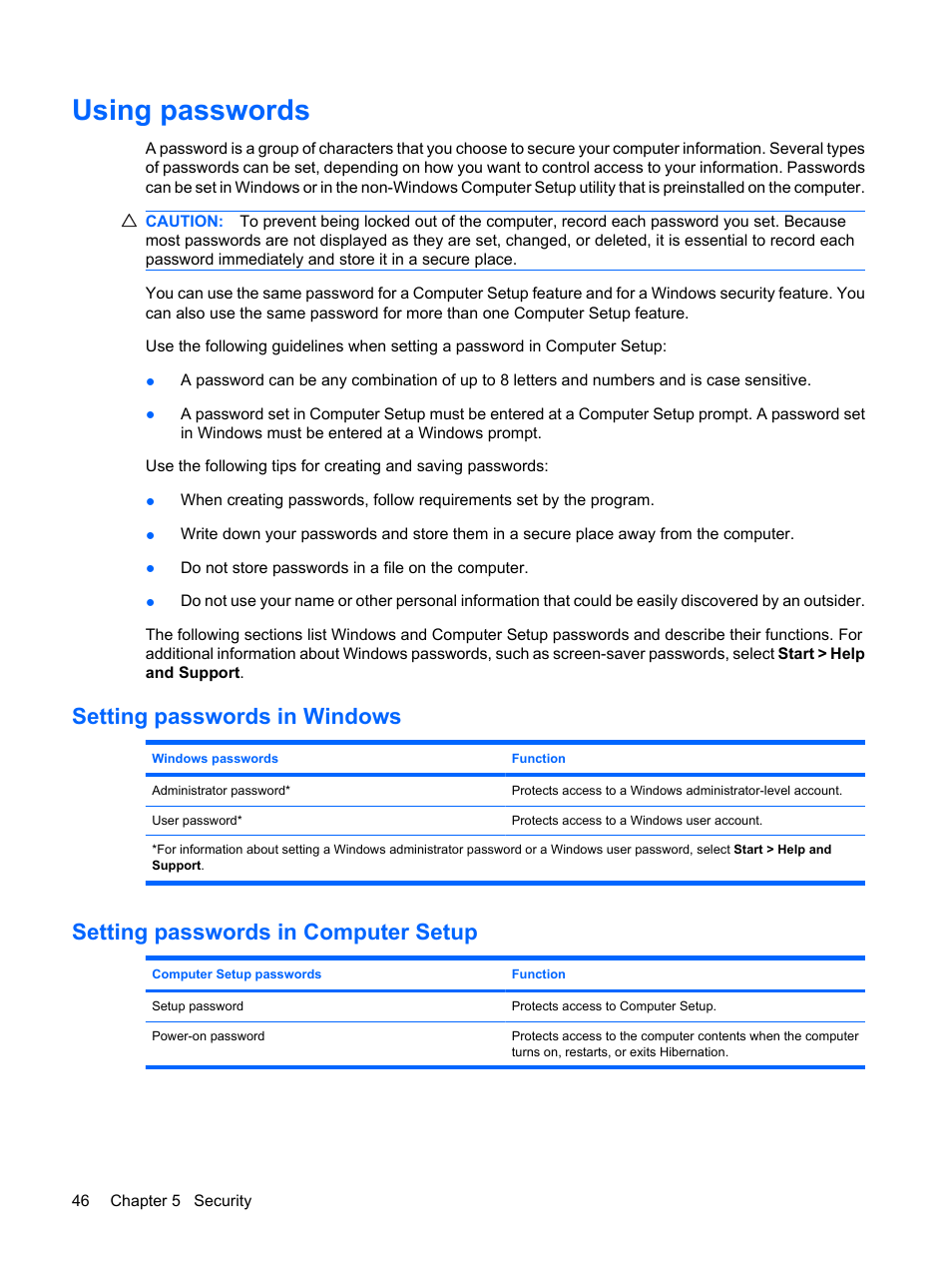 Using passwords, Setting passwords in windows, Setting passwords in computer setup | HP Mini 5101 User Manual | Page 56 / 114
