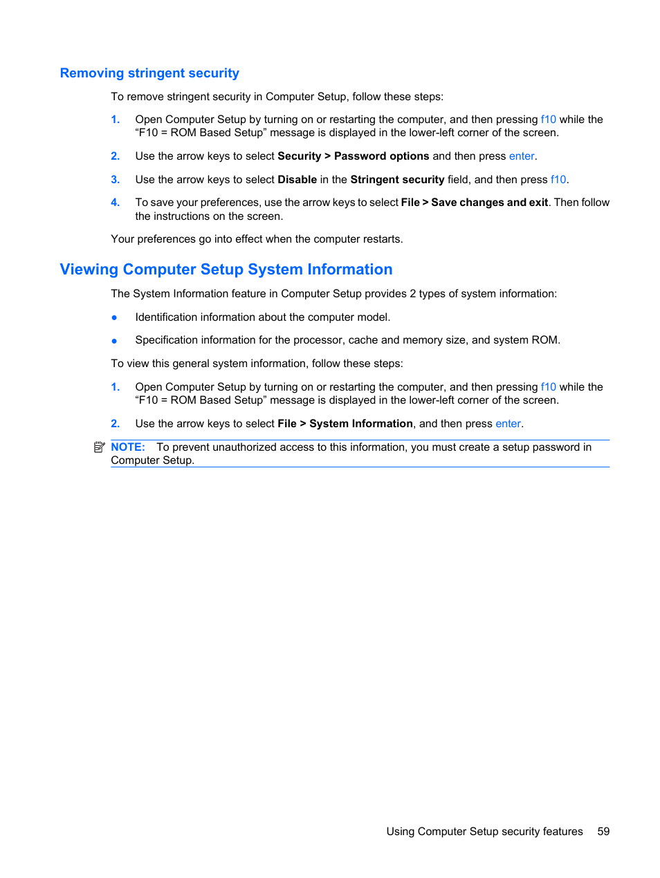 Removing stringent security, Viewing computer setup system information | HP Mini 5101 User Manual | Page 69 / 114
