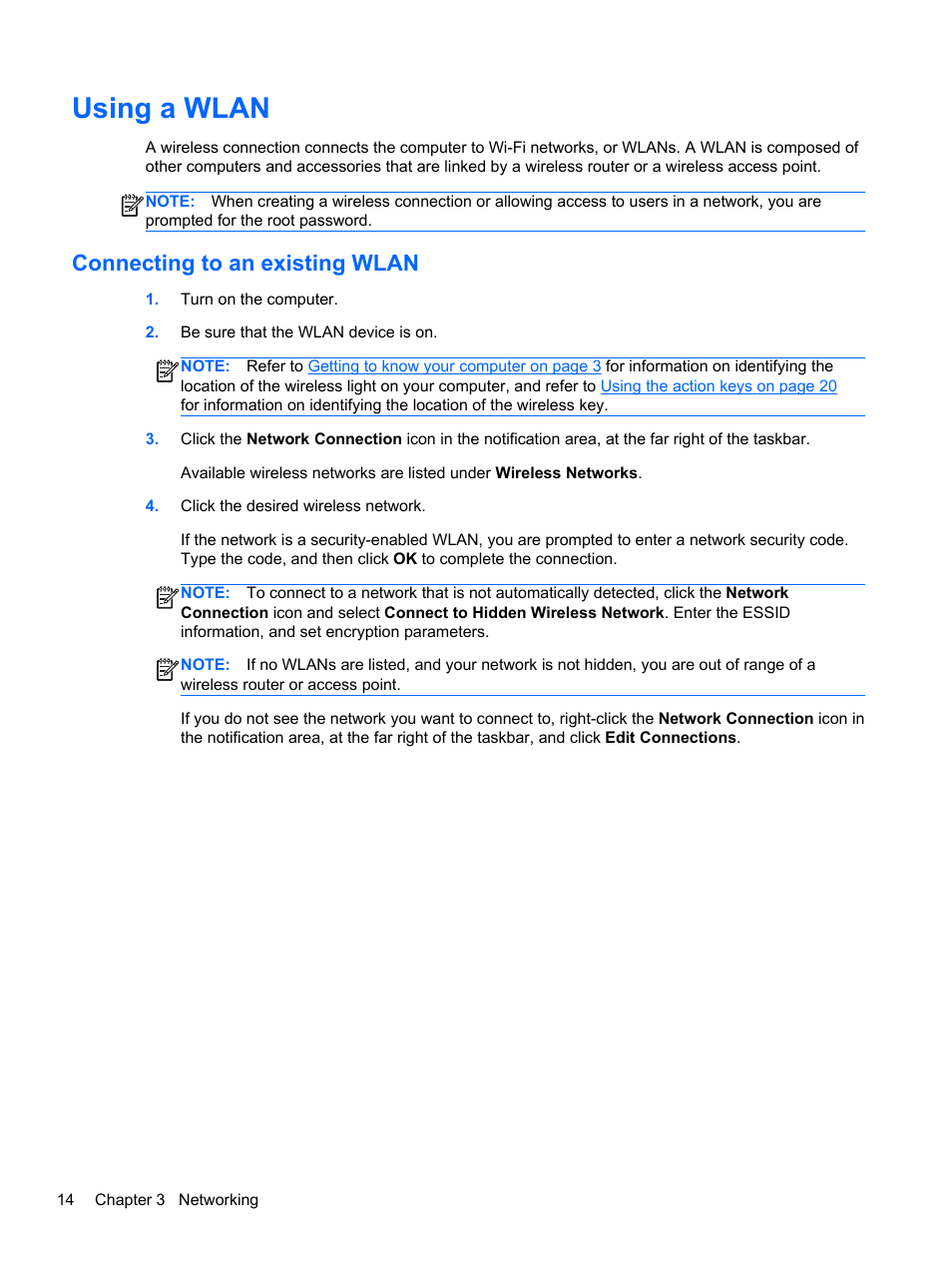 Using a wlan, Connecting to an existing wlan, Connecting | HP Mini 210-3001xx PC User Manual | Page 24 / 89