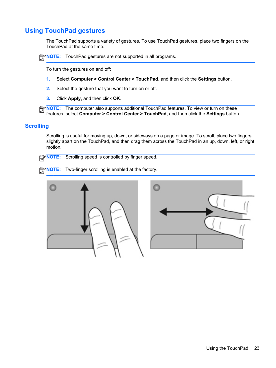 Using touchpad gestures, Scrolling | HP Mini 210-3001xx PC User Manual | Page 33 / 89