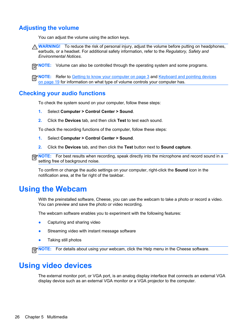Adjusting the volume, Checking your audio functions, Using the webcam | Using video devices, Adjusting the volume checking your audio functions, Using the webcam using video devices | HP Mini 210-3001xx PC User Manual | Page 36 / 89