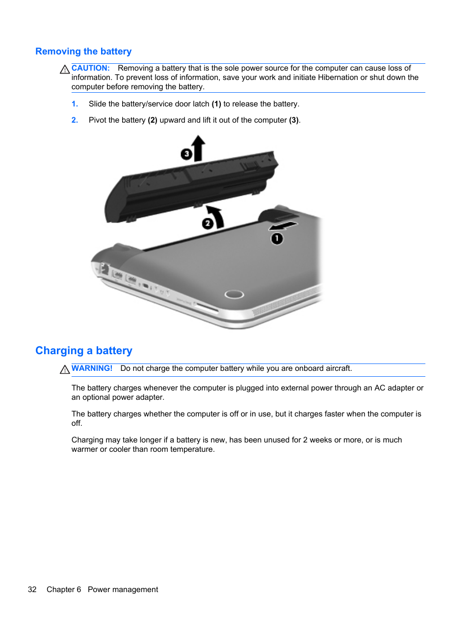 Removing the battery, Charging a battery | HP Mini 210-3001xx PC User Manual | Page 42 / 89