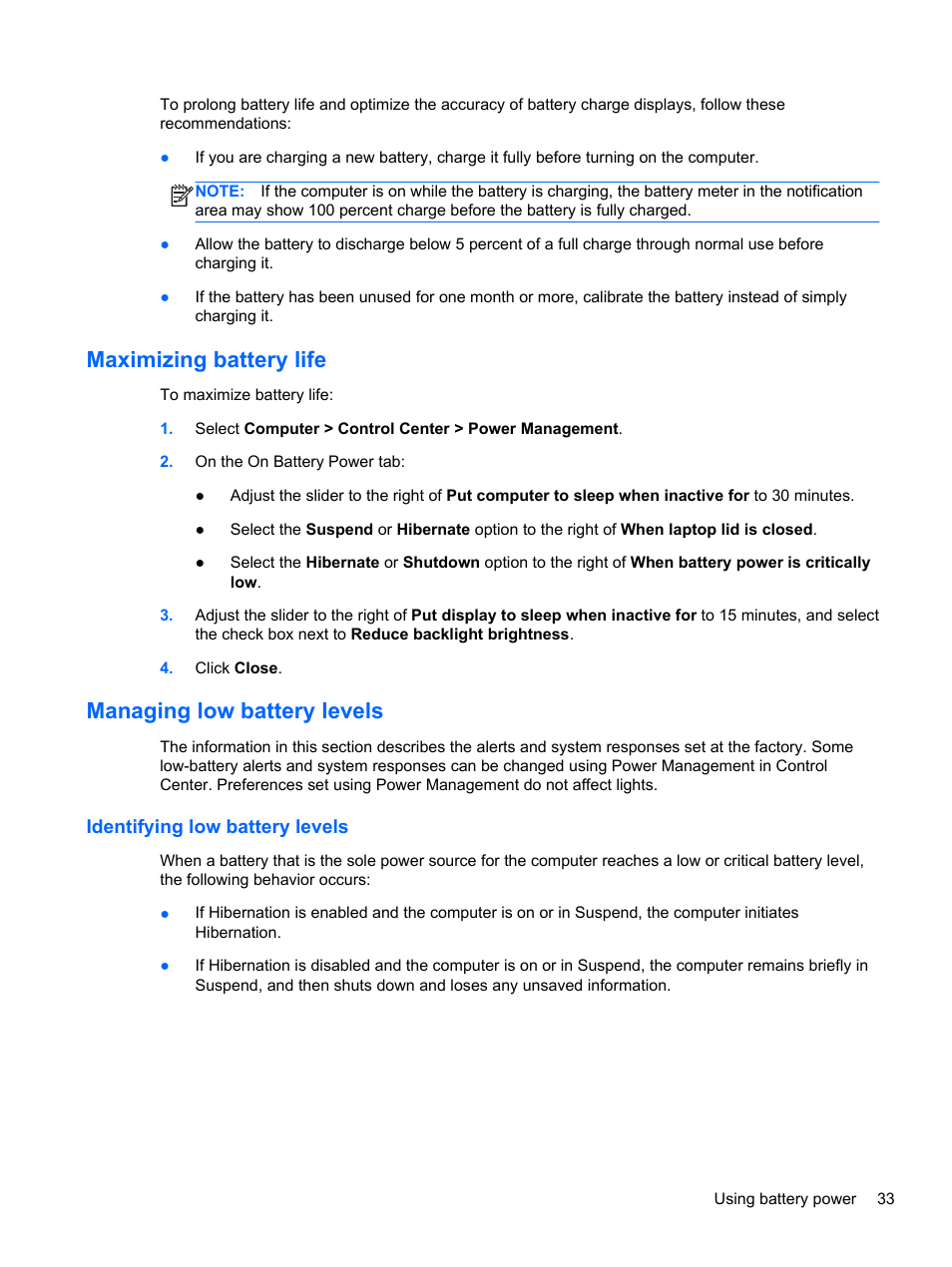 Maximizing battery life, Managing low battery levels, Identifying low battery levels | HP Mini 210-3001xx PC User Manual | Page 43 / 89