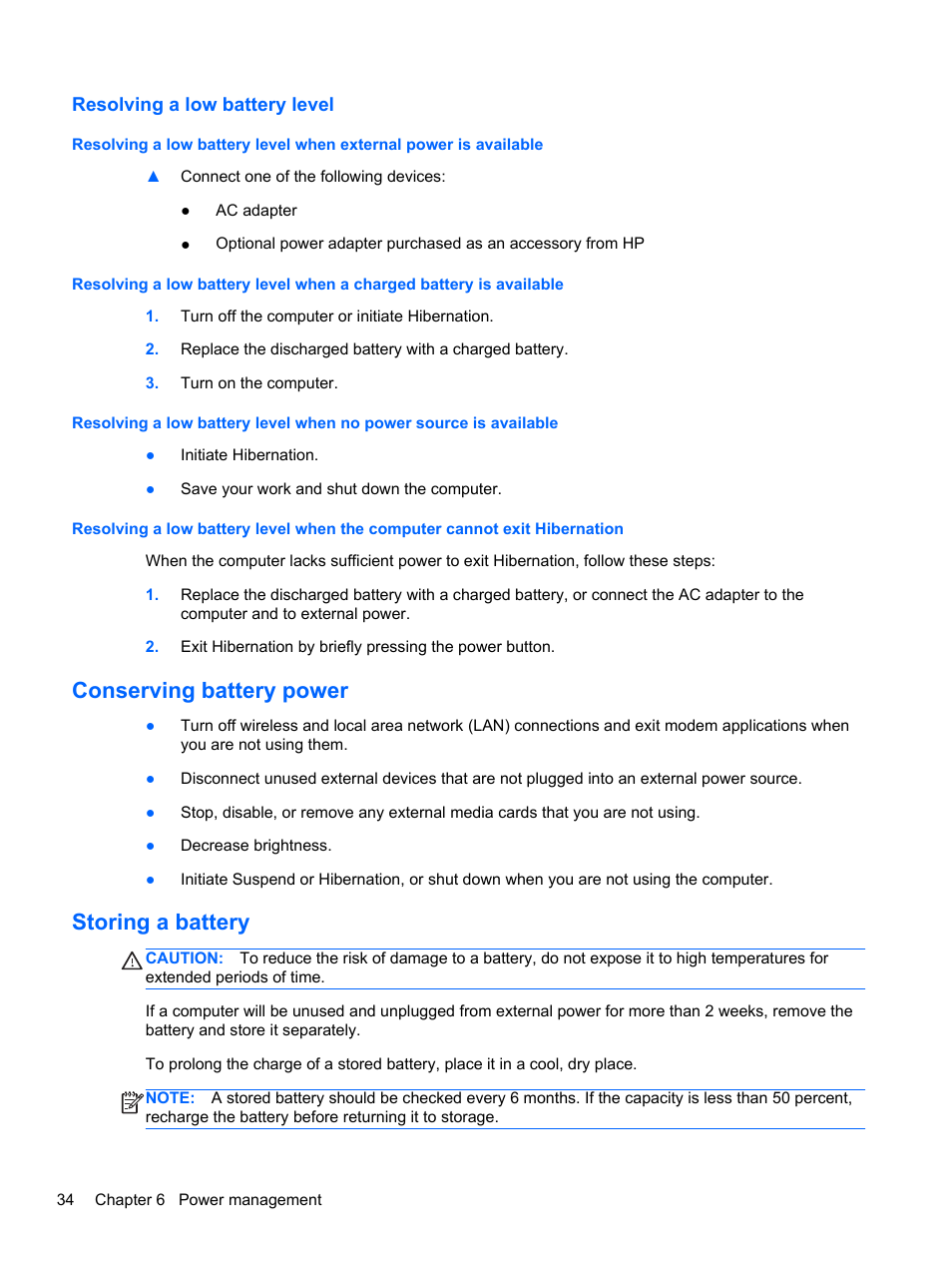 Resolving a low battery level, Conserving battery power, Storing a battery | Conserving battery power storing a battery | HP Mini 210-3001xx PC User Manual | Page 44 / 89