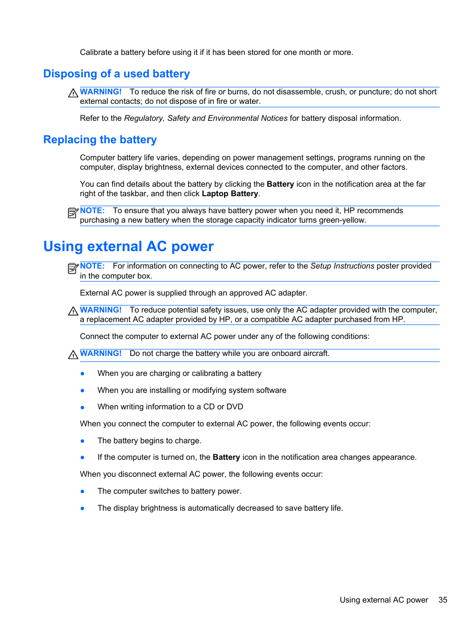 Disposing of a used battery, Replacing the battery, Using external ac power | Disposing of a used battery replacing the battery | HP Mini 210-3001xx PC User Manual | Page 45 / 89