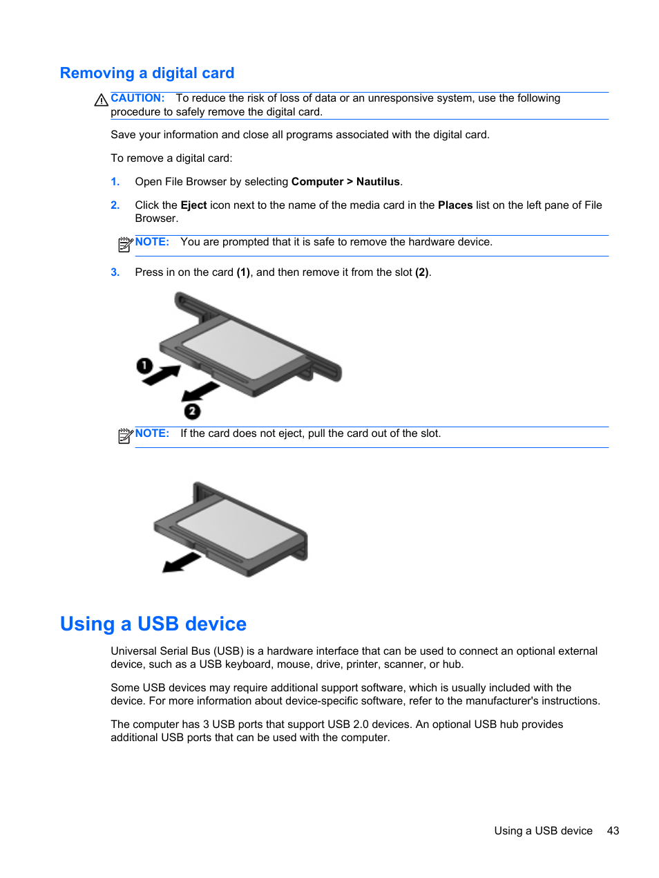 Removing a digital card, Using a usb device | HP Mini 210-3001xx PC User Manual | Page 53 / 89