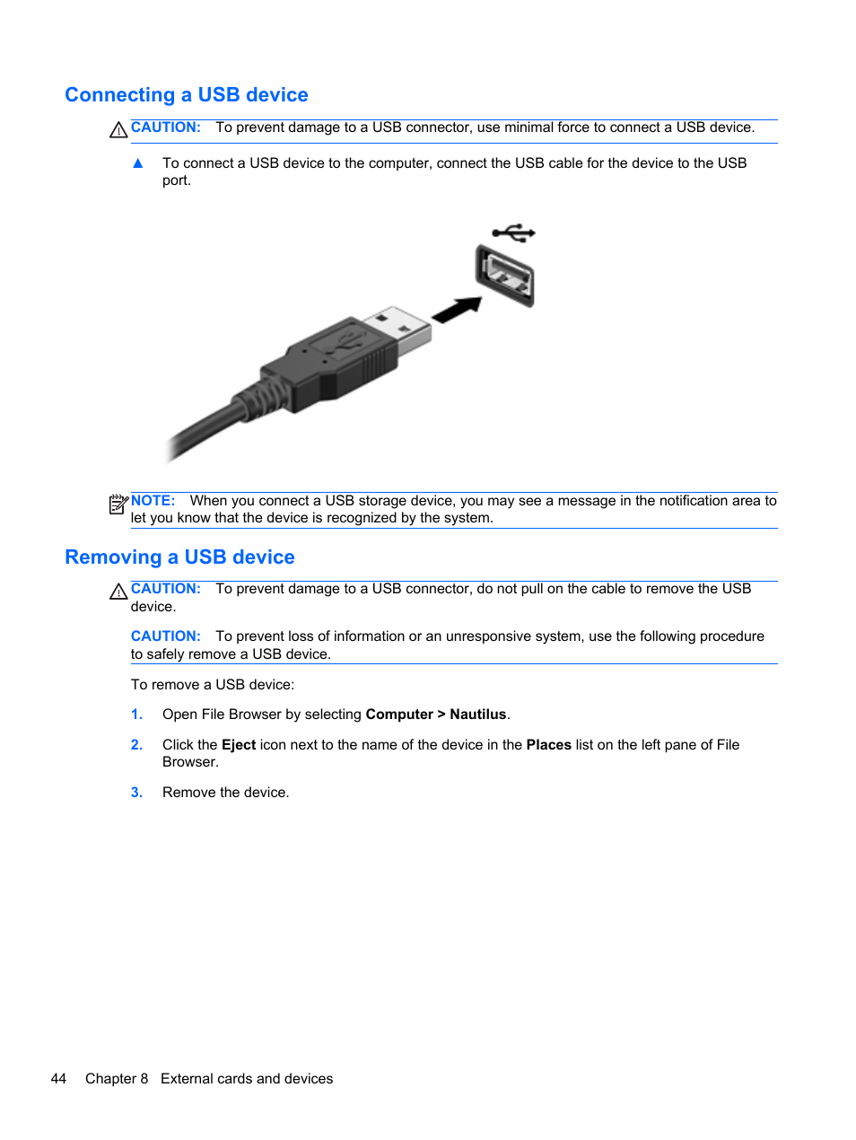 Connecting a usb device, Removing a usb device, Connecting a usb device removing a usb device | HP Mini 210-3001xx PC User Manual | Page 54 / 89