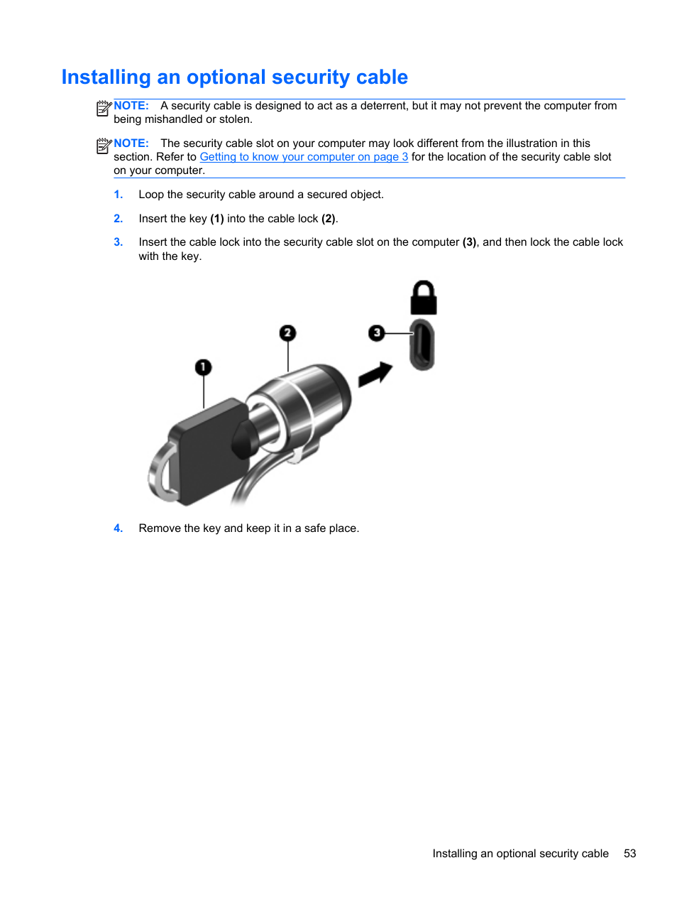 Installing an optional security cable | HP Mini 210-3001xx PC User Manual | Page 63 / 89