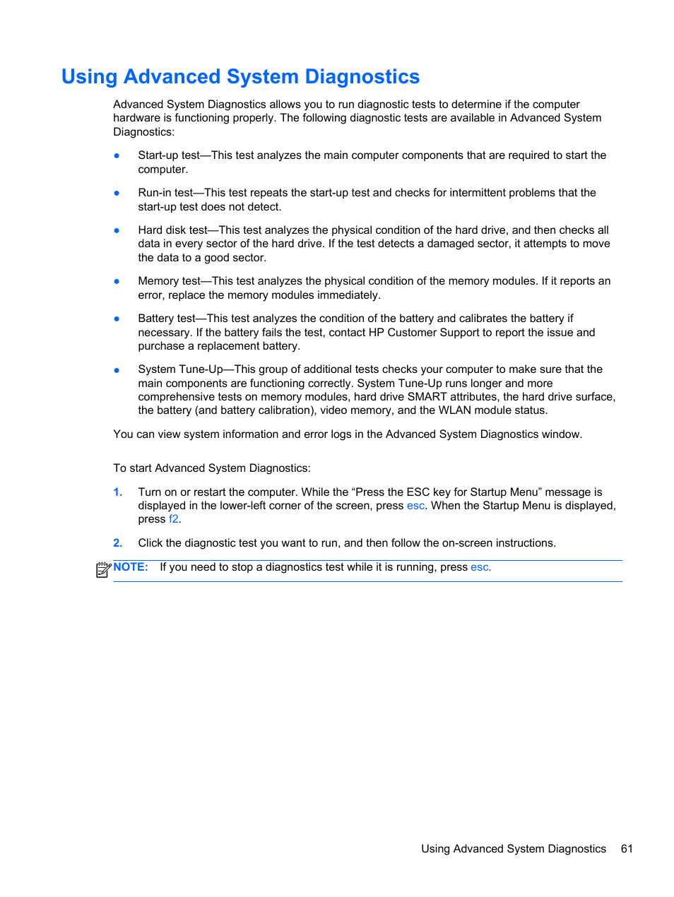 Using advanced system diagnostics | HP Mini 210-3001xx PC User Manual | Page 71 / 89