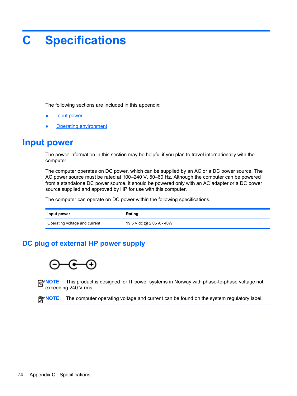 Specifications, Input power, Dc plug of external hp power supply | Appendix c specifications, Cspecifications | HP Mini 210-3001xx PC User Manual | Page 84 / 89