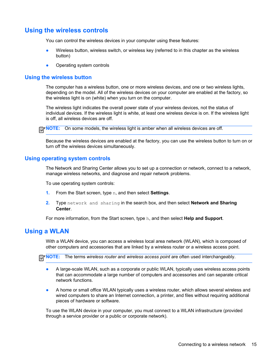 Using the wireless controls, Using the wireless button, Using operating system controls | Using a wlan | HP ENVY Sleekbook 6-1110us User Manual | Page 25 / 82