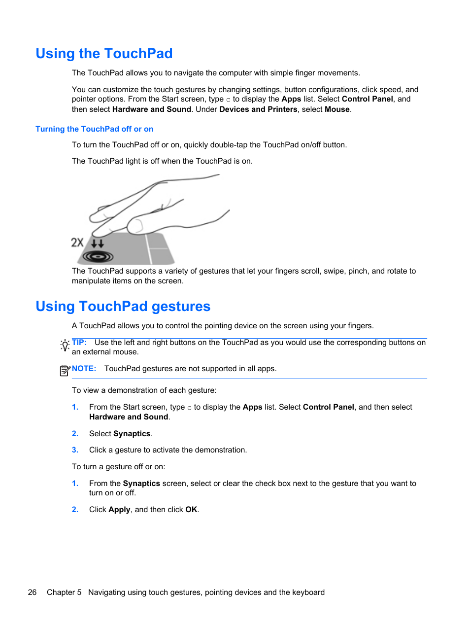 Using the touchpad, Using touchpad gestures, Using the touchpad using touchpad gestures | HP ENVY Sleekbook 6-1110us User Manual | Page 36 / 82
