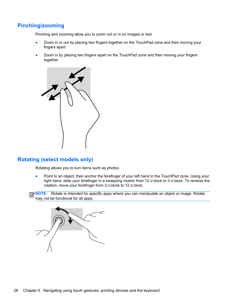 Pinching/zooming, Rotating (select models only), Pinching/zooming rotating (select models only) | HP ENVY Sleekbook 6-1110us User Manual | Page 38 / 82