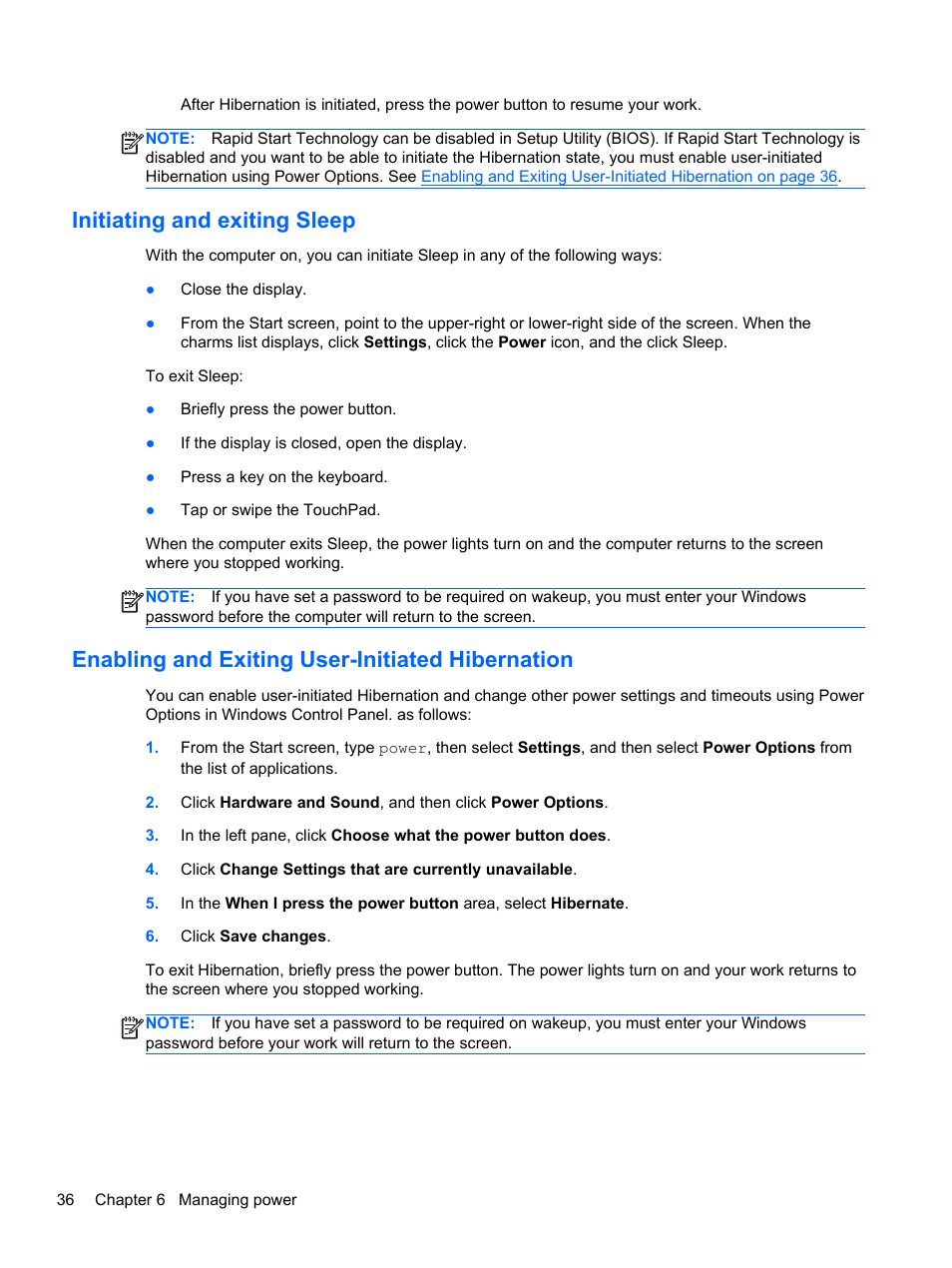 Initiating and exiting sleep, Enabling and exiting user-initiated hibernation, Initiating and | Enabling and exiting user | HP ENVY Sleekbook 6-1110us User Manual | Page 46 / 82