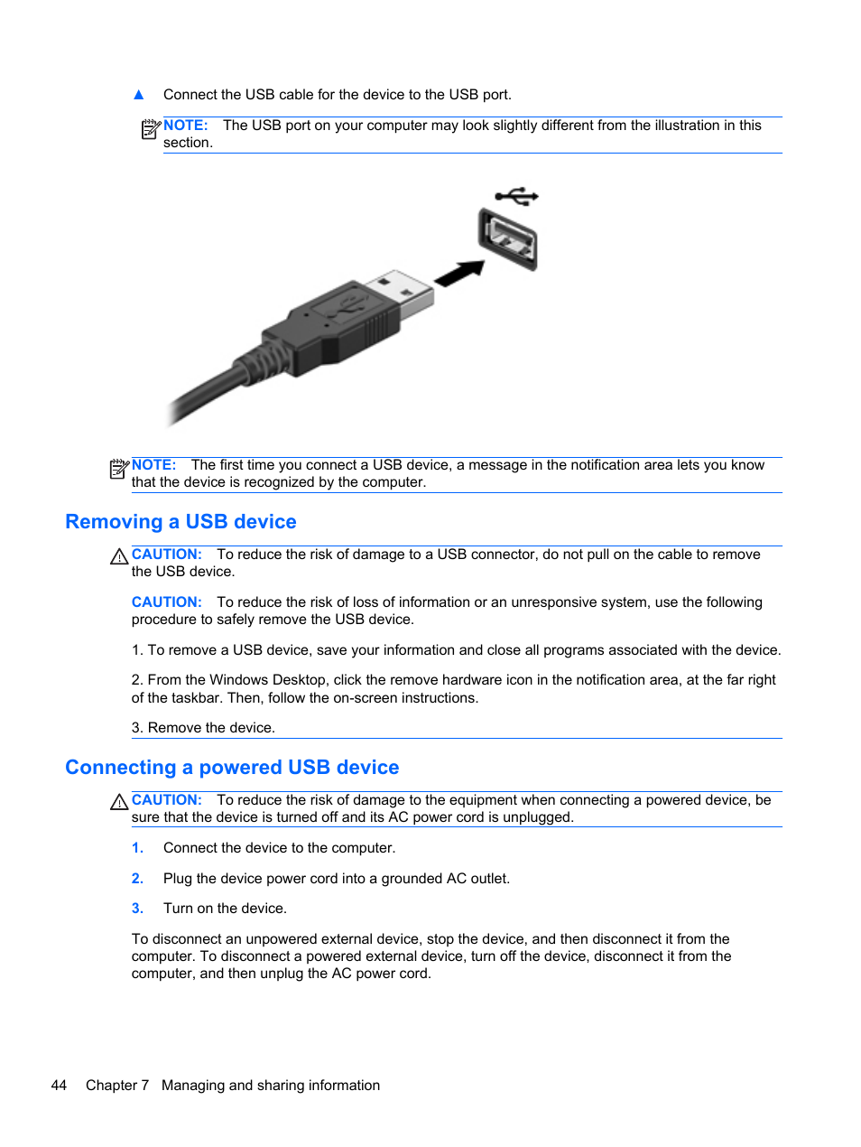 Removing a usb device, Connecting a powered usb device | HP ENVY Sleekbook 6-1110us User Manual | Page 54 / 82