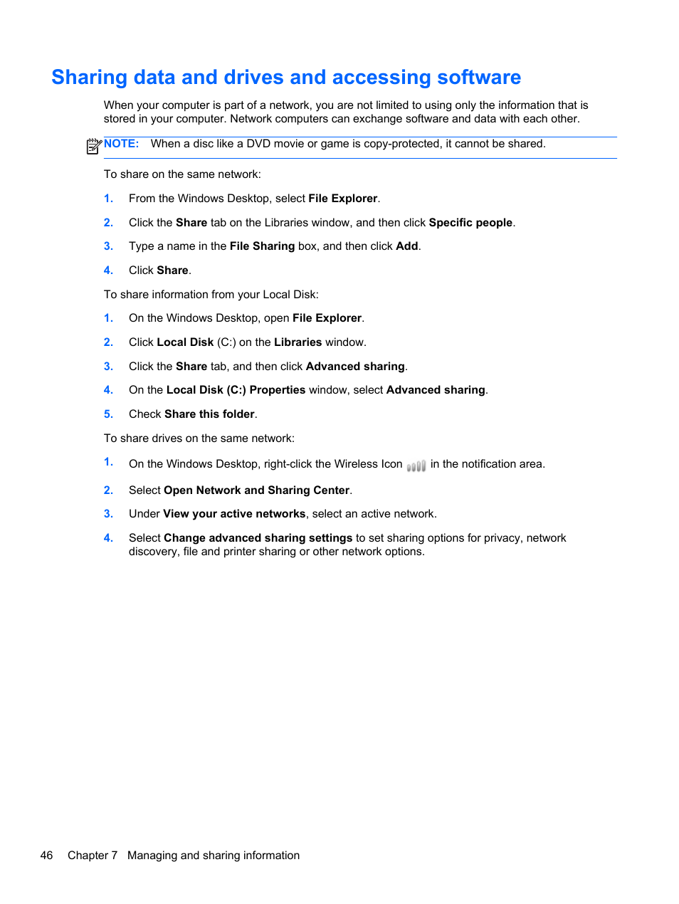 Sharing data and drives and accessing software | HP ENVY Sleekbook 6-1110us User Manual | Page 56 / 82