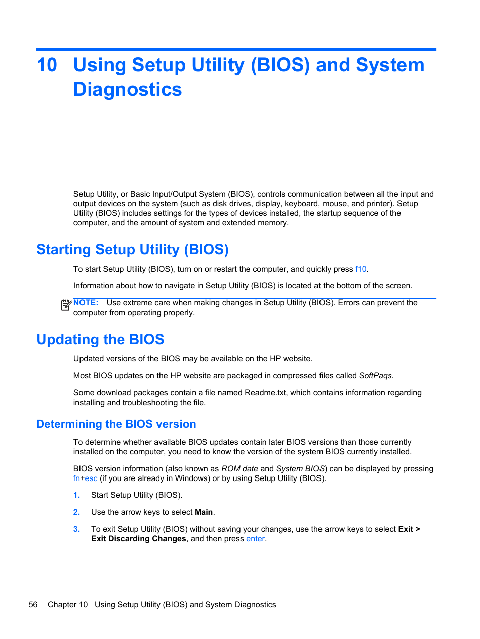 Using setup utility (bios) and system diagnostics, Starting setup utility (bios), Updating the bios | Determining the bios version, Starting setup utility (bios) updating the bios | HP ENVY Sleekbook 6-1110us User Manual | Page 66 / 82