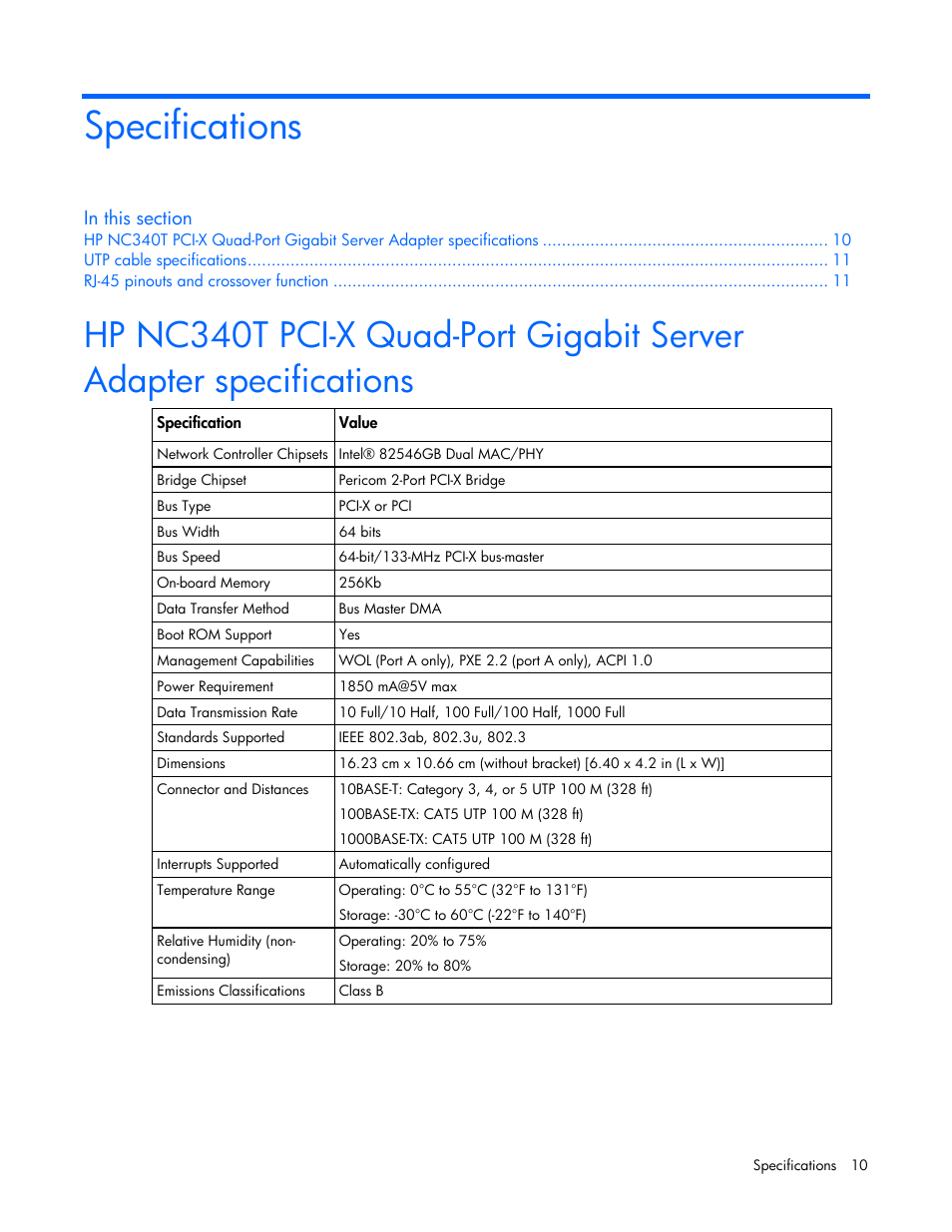 Specifications | HP NC340T PCI-X Quad-port Gigabit Server Adapter User Manual | Page 10 / 23