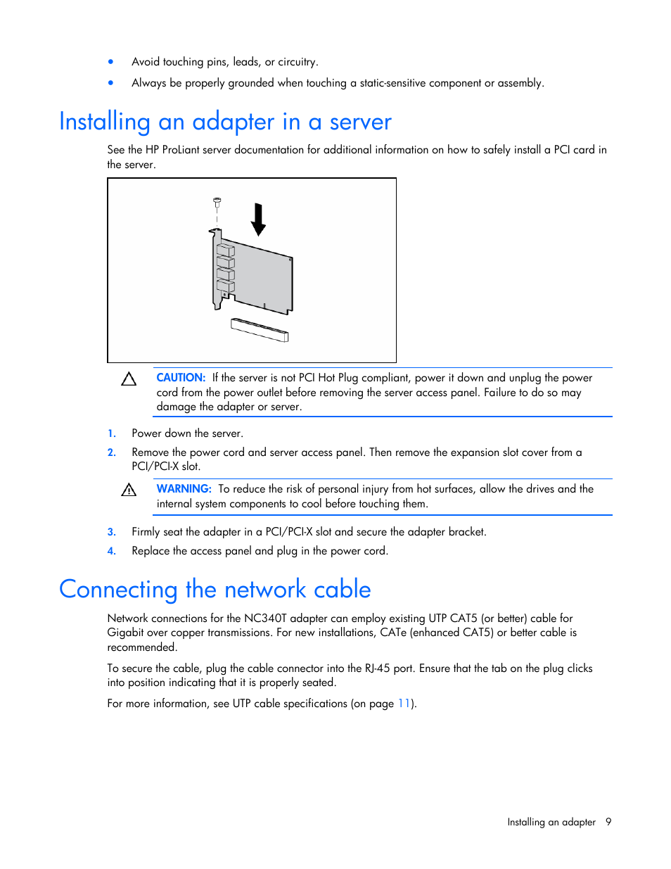 Installing an adapter in a server, Connecting the network cable | HP NC340T PCI-X Quad-port Gigabit Server Adapter User Manual | Page 9 / 23