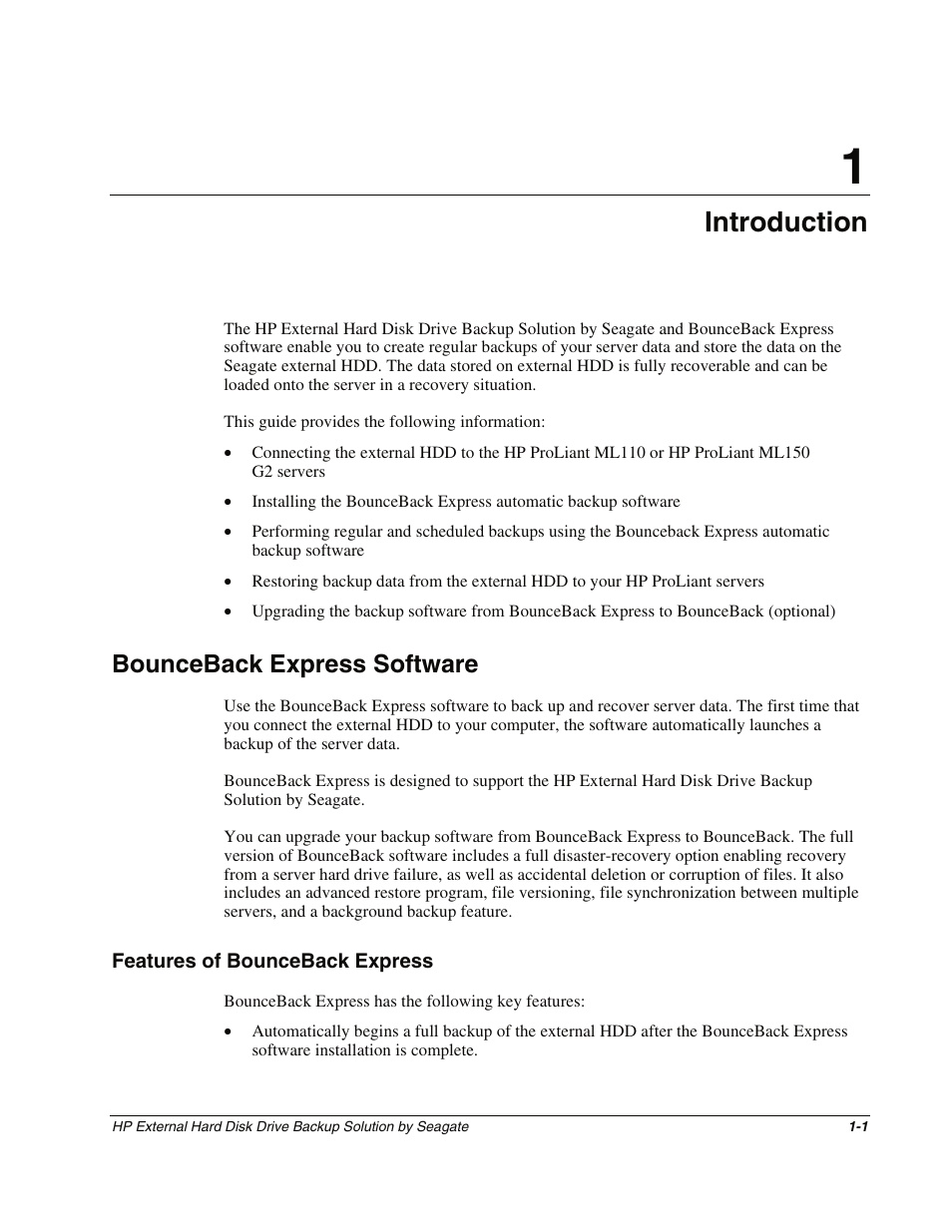 Chapter 1: introduction, Bounceback express software, Features of bounceback express | Chapter 1, Introduction, Bounceback express software -1, Features of bounceback express -1 | HP External Backup Solution by Seagate User Manual | Page 6 / 41