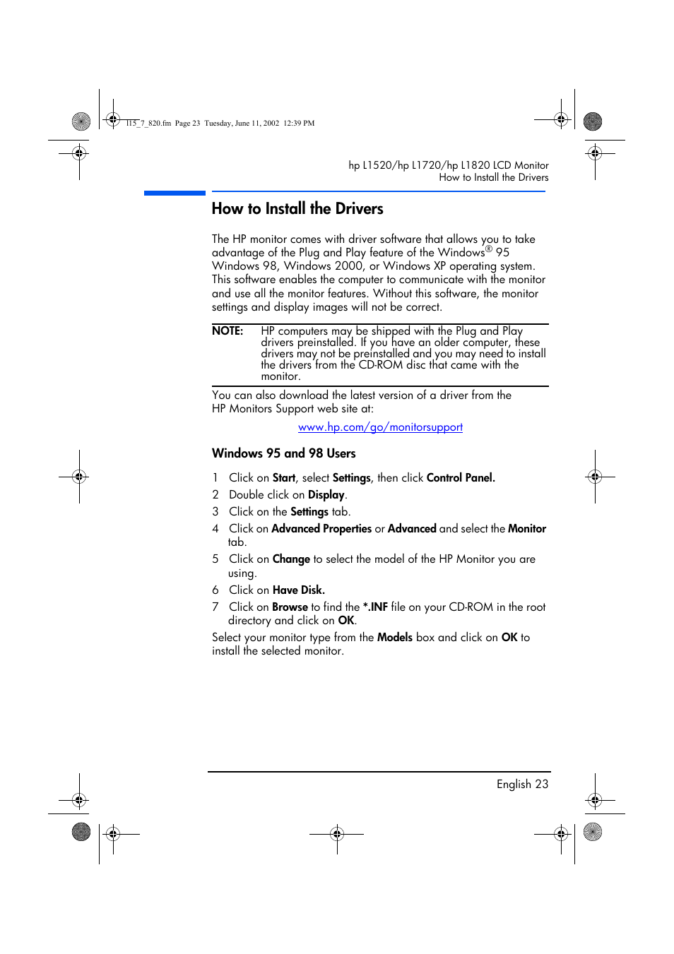 How to install the drivers, Windows 95 and 98 users | HP L1820 18 inch LCD Monitor User Manual | Page 24 / 57