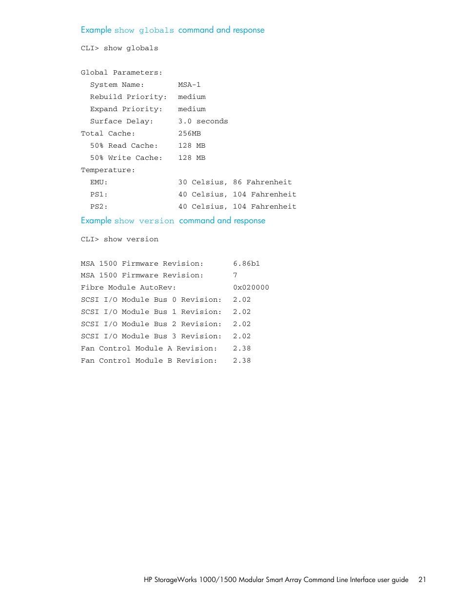 Example, Show globals, Show version | HP StorageWorks 1000 Modular Smart Array User Manual | Page 21 / 52