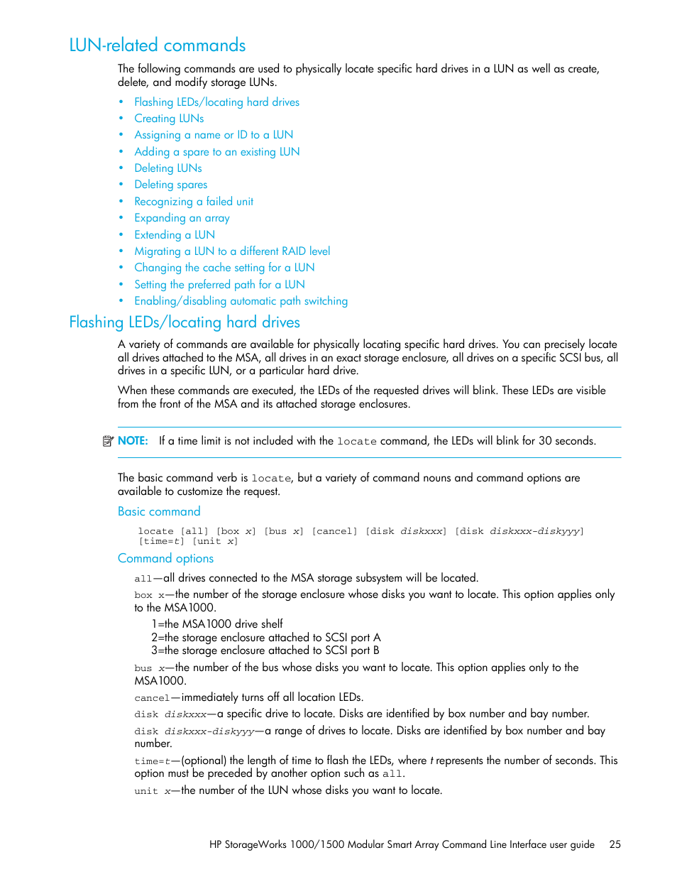 Lun-related commands, Flashing leds/locating hard drives, Basic command | Command options | HP StorageWorks 1000 Modular Smart Array User Manual | Page 25 / 52