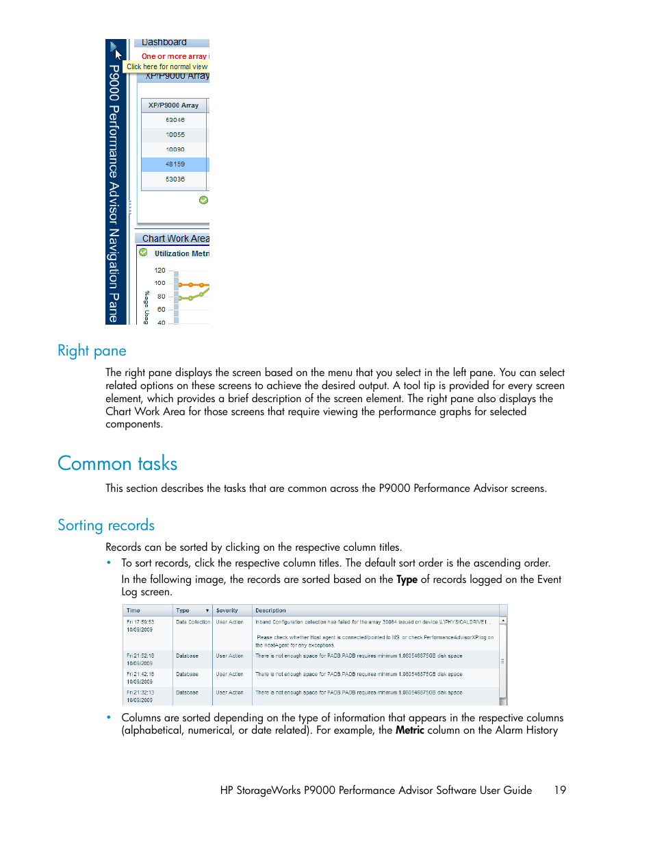 Right pane, Common tasks, Sorting records | HP XP P9000 Performance Advisor Software User Manual | Page 19 / 476