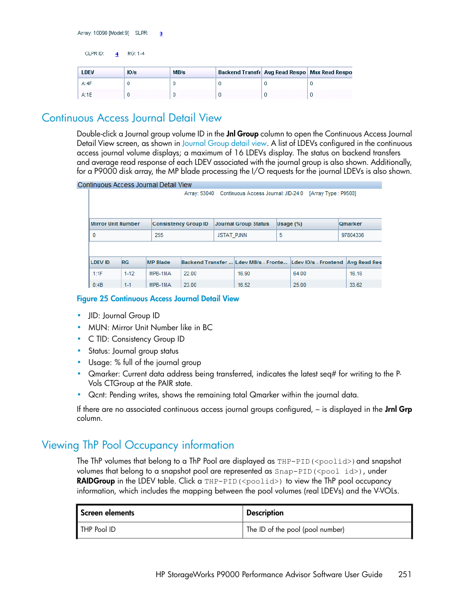 Continuous access journal detail view, Viewing thp pool occupancy information, 251 viewing thp pool occupancy information | HP XP P9000 Performance Advisor Software User Manual | Page 251 / 476