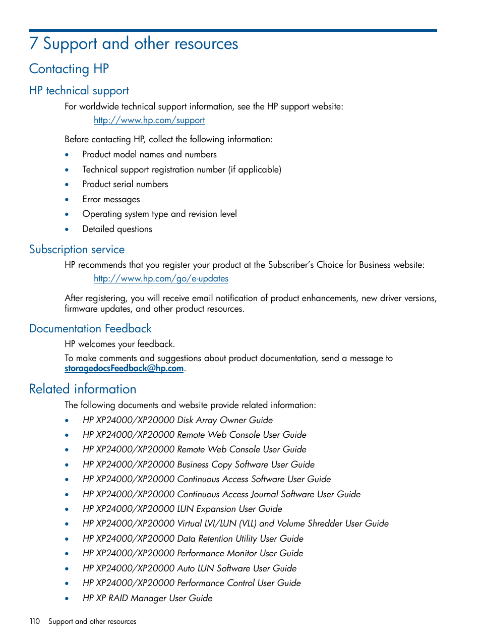 7 support and other resources, Contacting hp, Hp technical support | Subscription service, Documentation feedback, Related information | HP StorageWorks XP Remote Web Console Software User Manual | Page 110 / 116