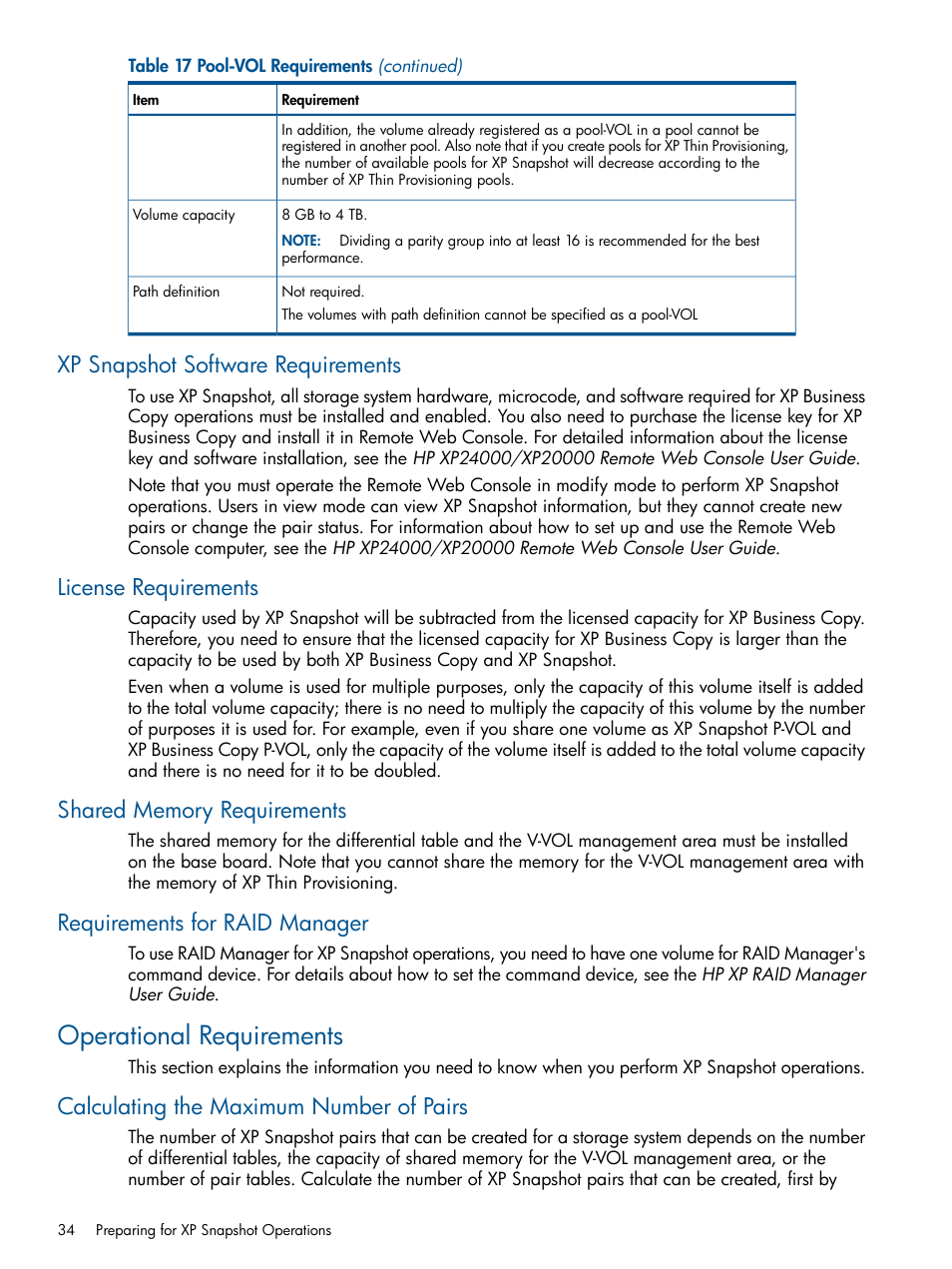 Xp snapshot software requirements, License requirements, Shared memory requirements | Requirements for raid manager, Operational requirements, Calculating the maximum number of pairs | HP StorageWorks XP Remote Web Console Software User Manual | Page 34 / 116