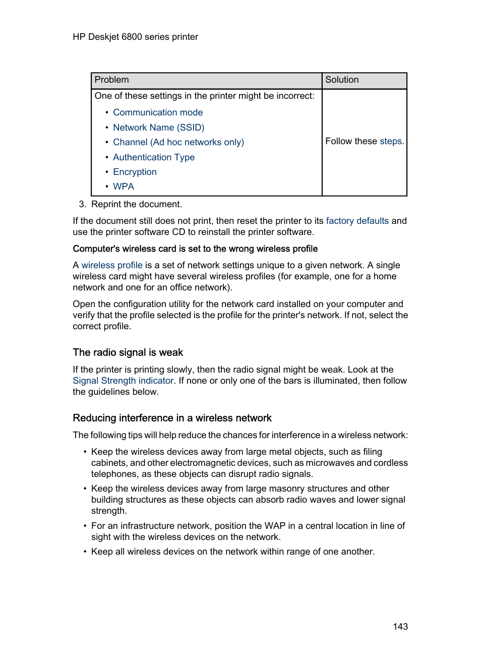 The radio signal is weak, Reducing interference in a wireless network, Steps | HP Deskjet 6840 Color Inkjet Printer User Manual | Page 143 / 193