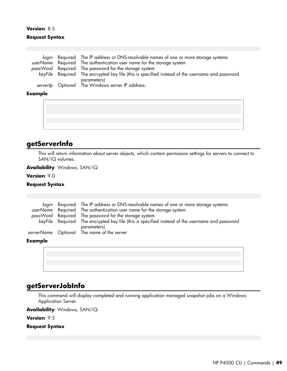 Getserverinfo, Getserverjobinfo | HP StoreVirtual VSA Software User Manual | Page 49 / 80