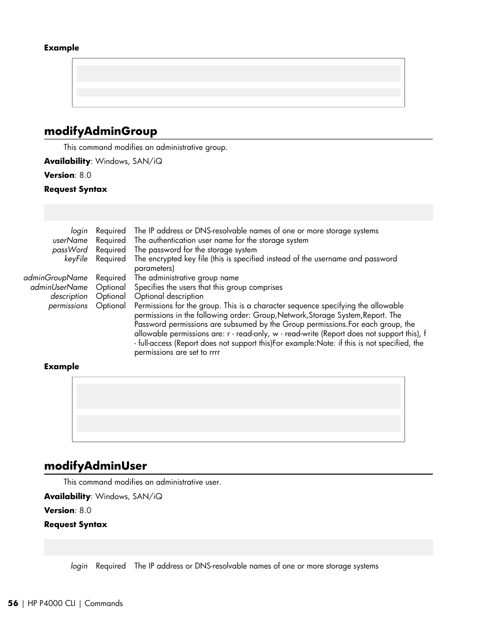 Modifyadmingroup, Modifyadminuser | HP StoreVirtual VSA Software User Manual | Page 56 / 80