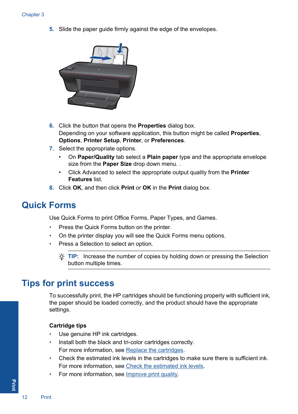Quick forms, Tips for print success, Quick forms tips for print success | HP Deskjet 3050 User Manual | Page 14 / 66