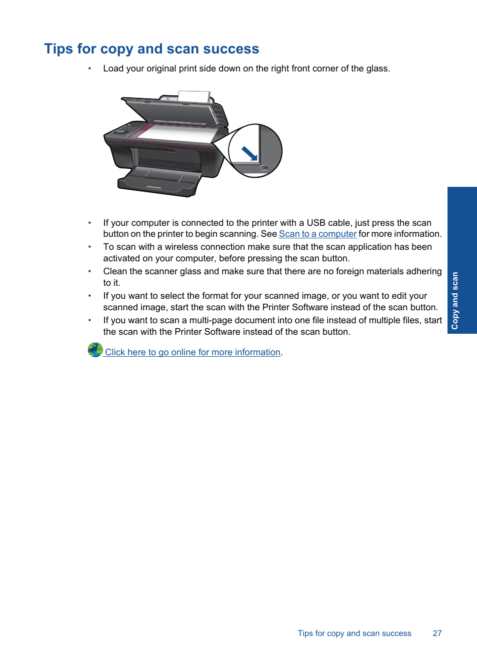 Tips for copy and scan success | HP Deskjet 3050 User Manual | Page 29 / 66